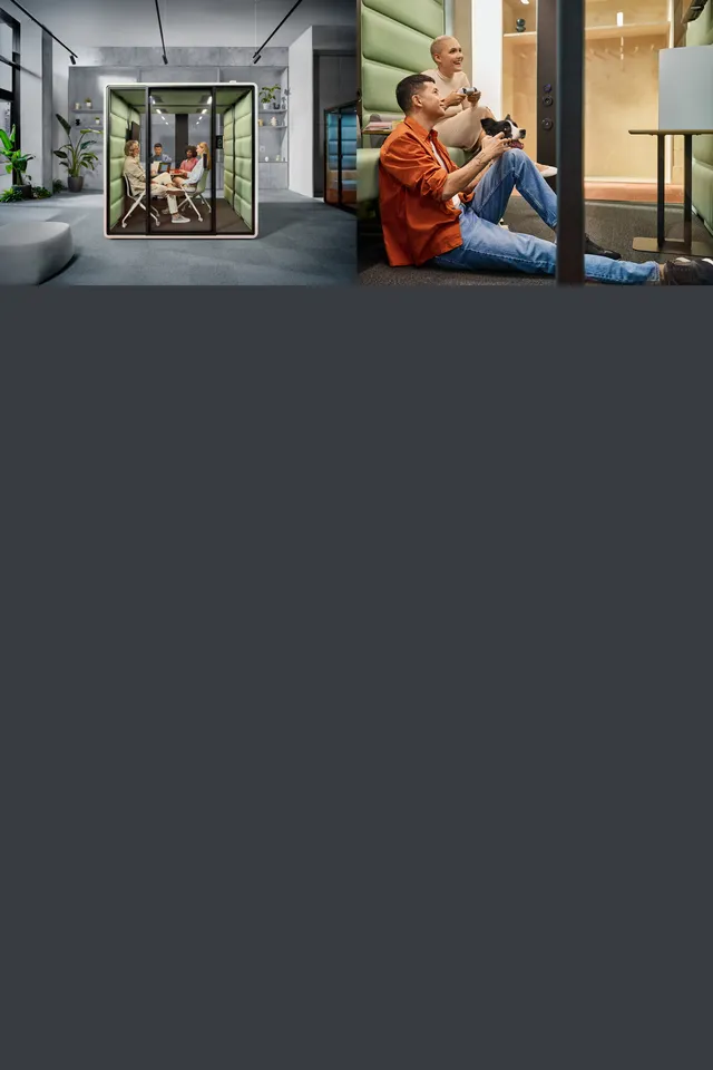 kantoor-inrichting-vergadercabine-hushfree-1000x1500pxNEW1 Een bespreking van 4 personen in een Hushfree L en 2 mensen die zitten te gamen in een geluidsdichte cabine van het merk Mikomax