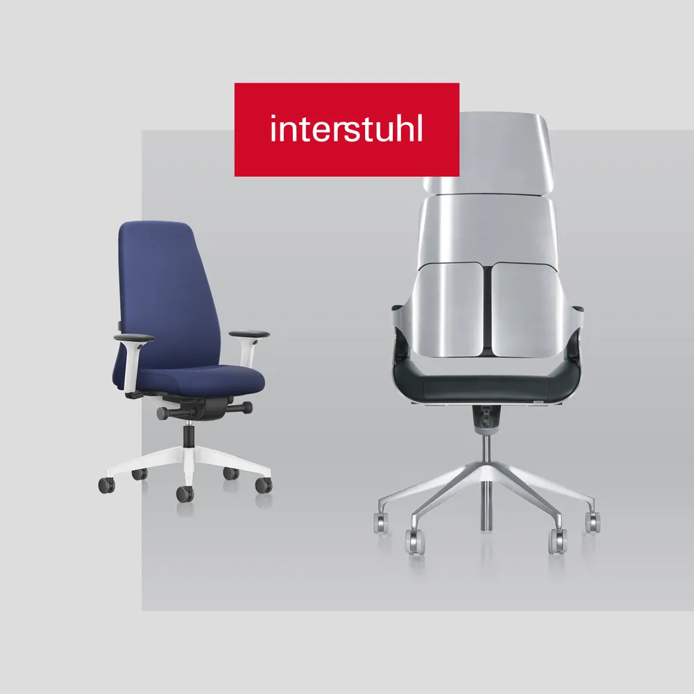 kantoor-interstuhl-silver-1000x1000px Een vierkant vlak met daarop het rode logo van Interstuhl en enkele Interstuhl producten