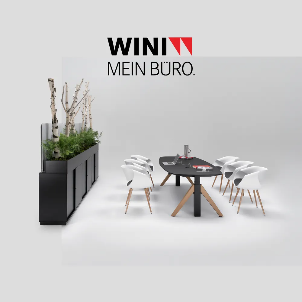 kantoor-wini-winea-flow-1000x1000px Een vierkant vlak met daarop het zwarte logo van Wini en een Wini Winea Flow vergadertafel en kast